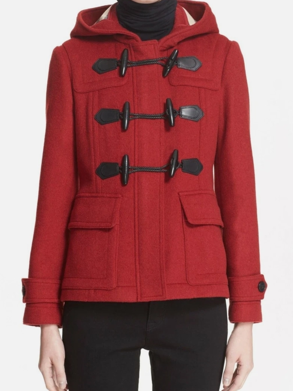 Burberry Red Hooded Wool Toggle Pea Coat